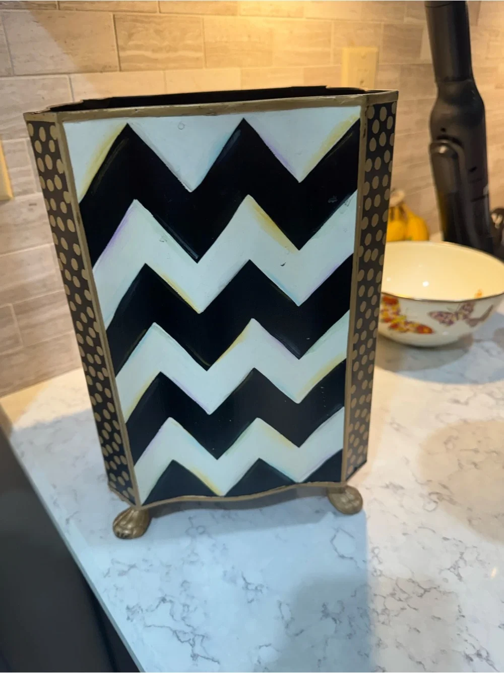MacKenzie-Childs Black and Cream Chevron Waste Bin with Gold Accents